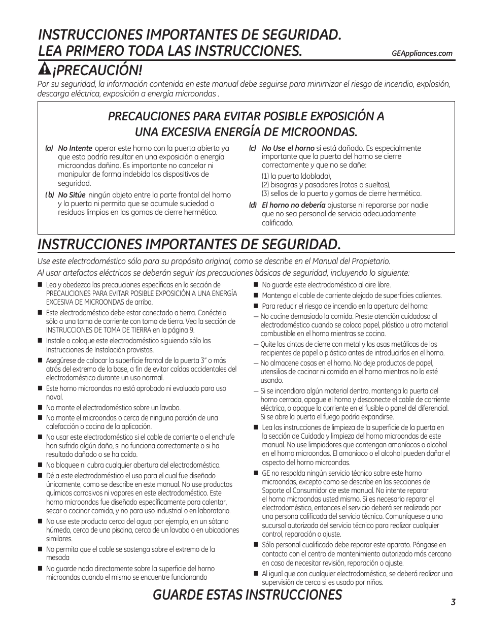 Instrucciones importantes de seguridad, Precaución, Guarde estas instrucciones | GE PEB7226DFBB User Manual | Page 3 / 52