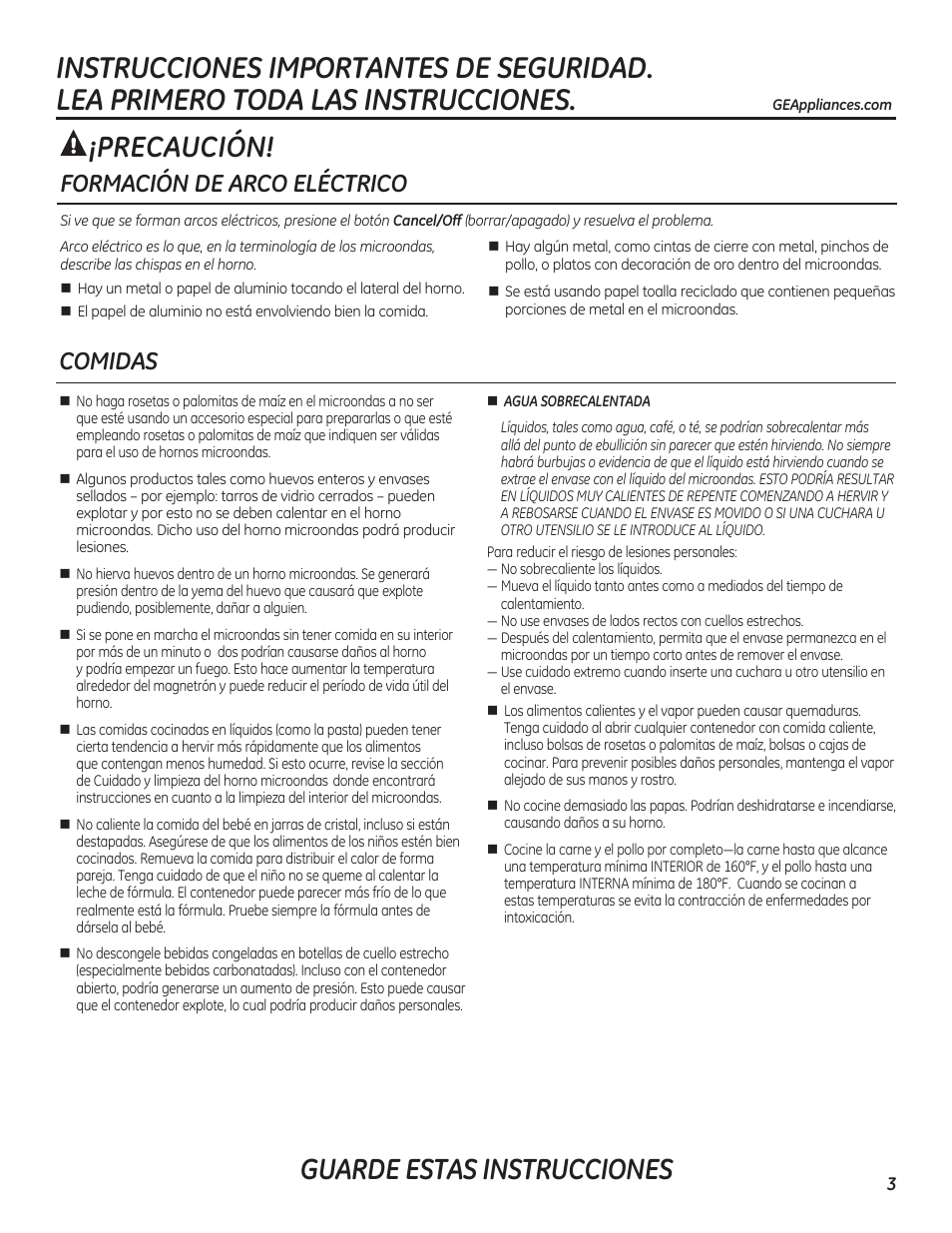 Guarde estas instrucciones, Precaución, Formación de arco eléctrico comidas | GE PEB7226DFBB User Manual | Page 31 / 52