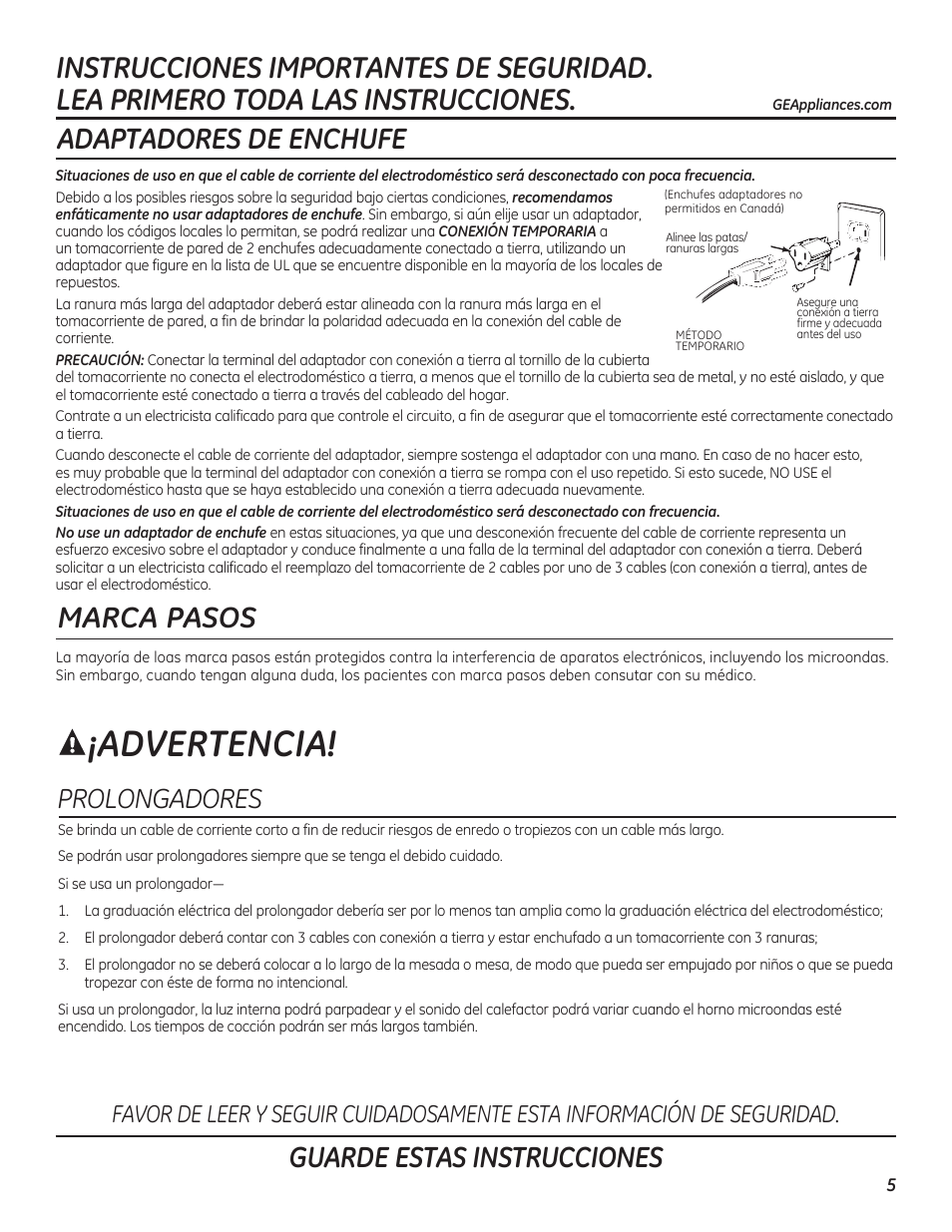Advertencia, Adaptadores de enchufe, Guarde estas instrucciones | Marca pasos, Prolongadores | GE PEB7226DFBB User Manual | Page 33 / 52
