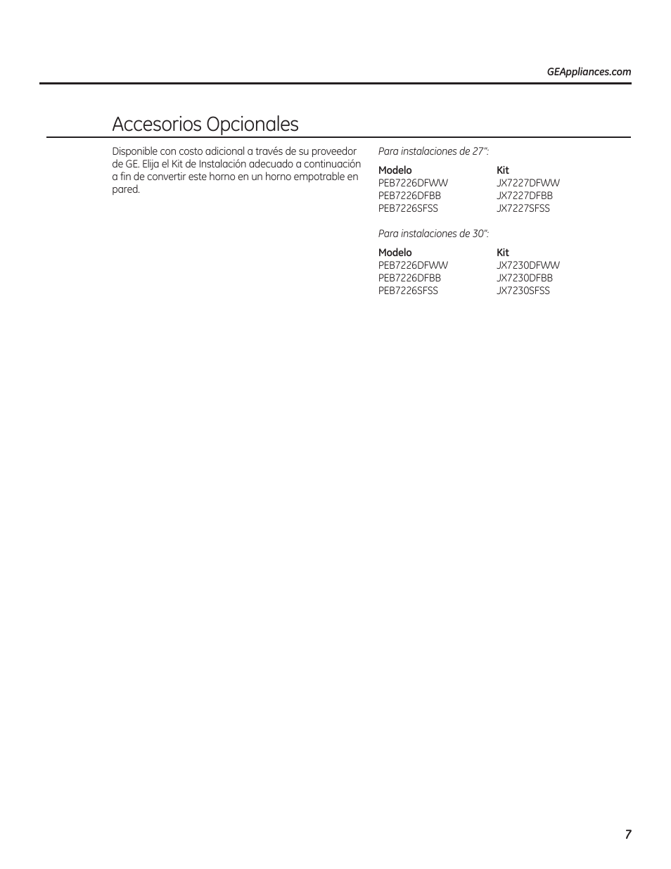 Accesorios opcionales | GE PEB7226DFBB User Manual | Page 35 / 52