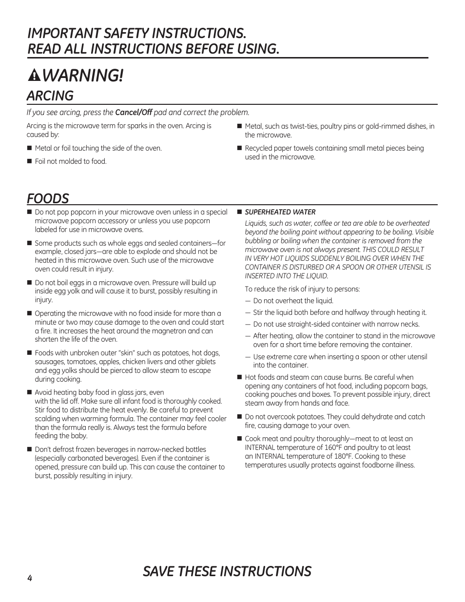 Warning, Arcing, Foods | GE PEB7226DFBB User Manual | Page 4 / 52