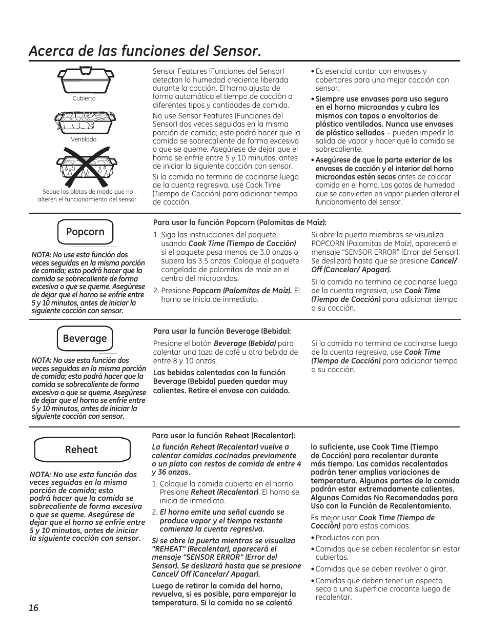 Acerca de las funciones del sensor, Popcorn beverage reheat | GE PEB7226DFBB User Manual | Page 44 / 52