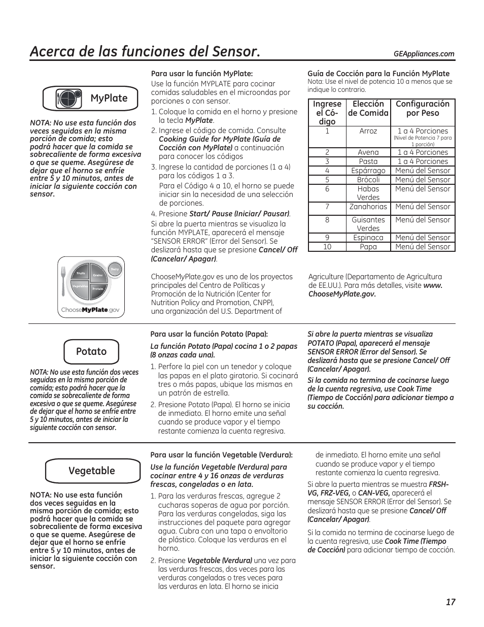 Acerca de las funciones del sensor, Myplate potato vegetable | GE PEB7226DFBB User Manual | Page 45 / 52