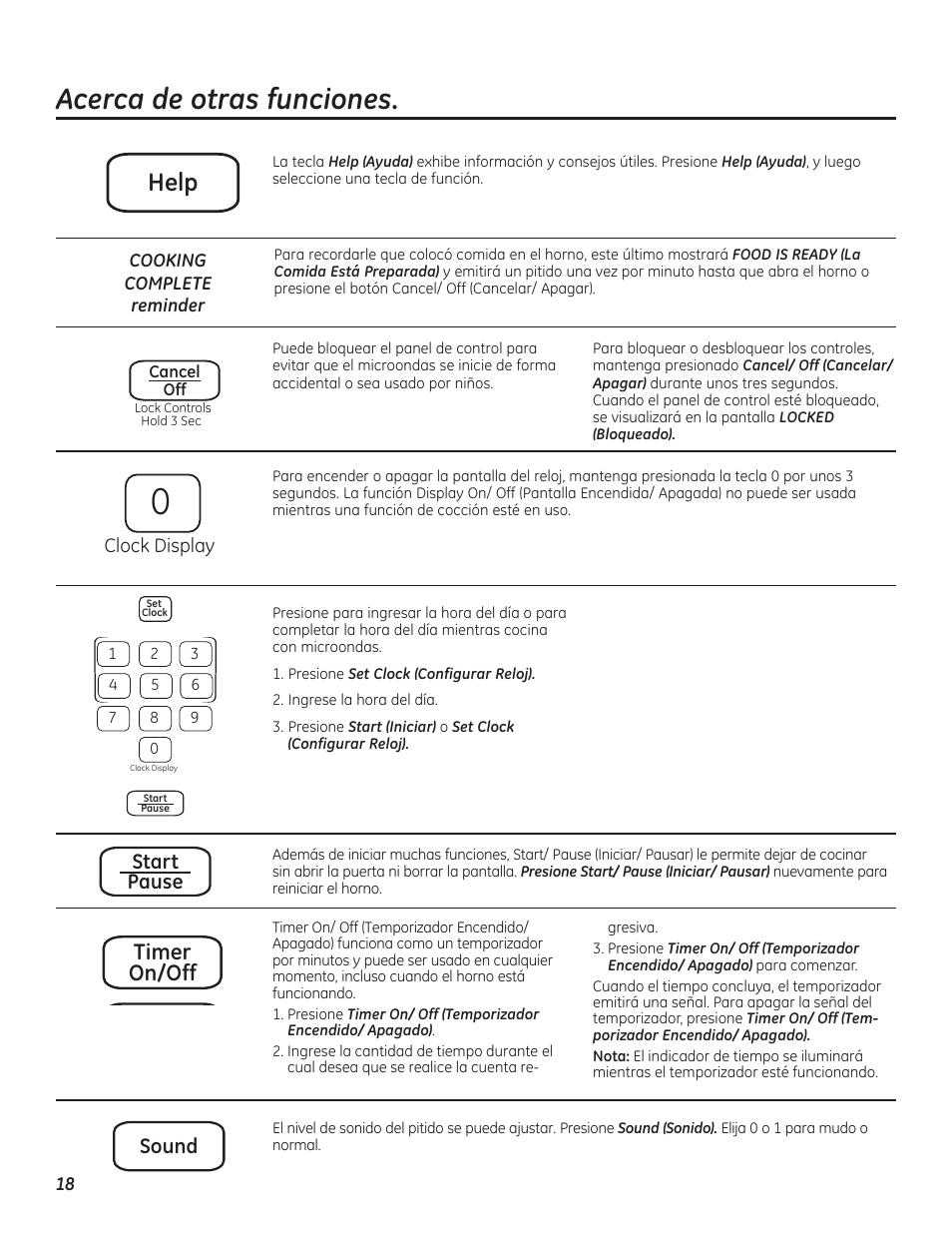 Acerca de otras funciones, Help, Timer on/off | Start pause sound | GE PEB7226DFBB User Manual | Page 46 / 52