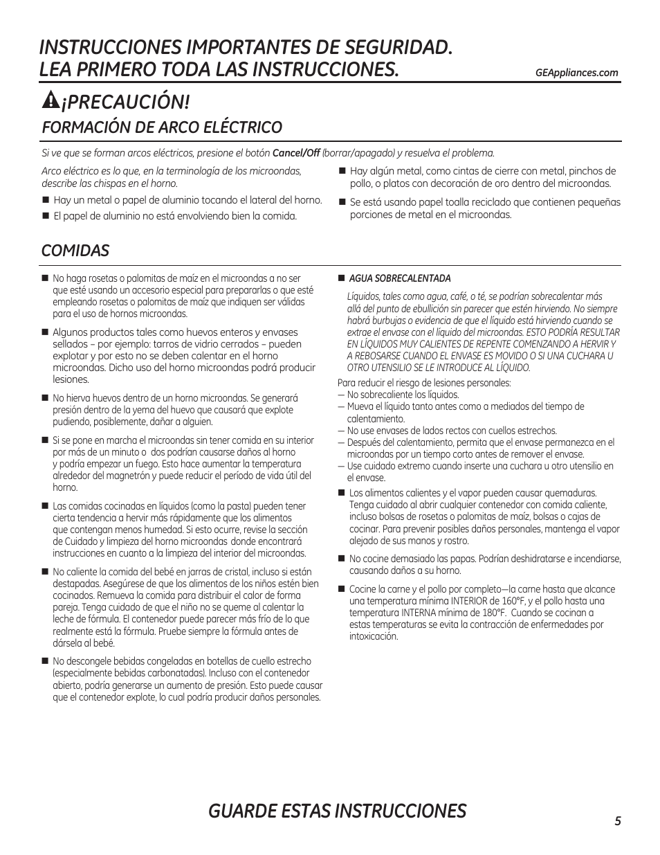 Guarde estas instrucciones, Precaución, Formación de arco eléctrico comidas | GE PEB7226DFBB User Manual | Page 5 / 52