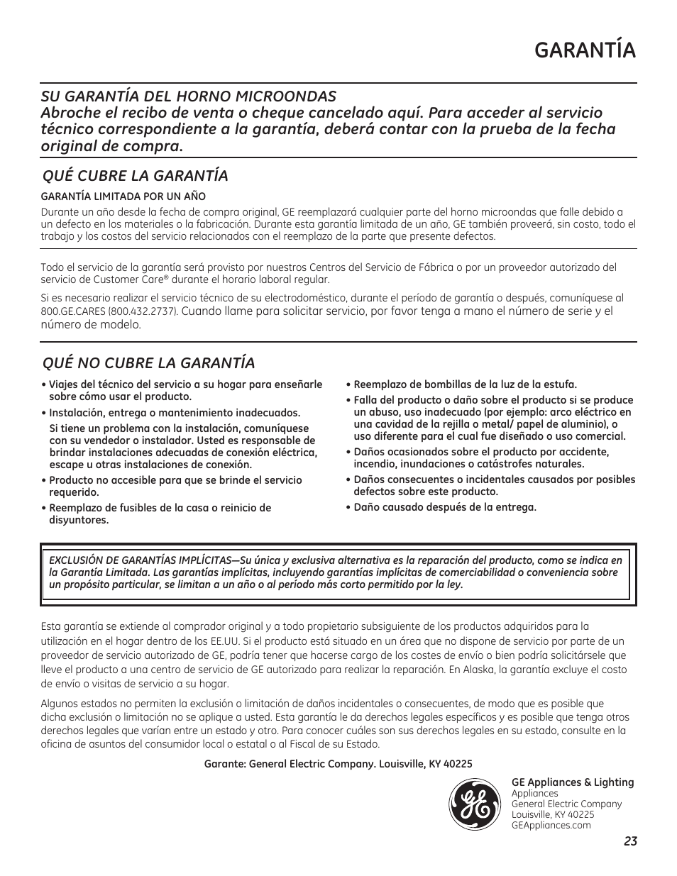 Garantía, Qué no cubre la garantía | GE PEB7226DFBB User Manual | Page 51 / 52