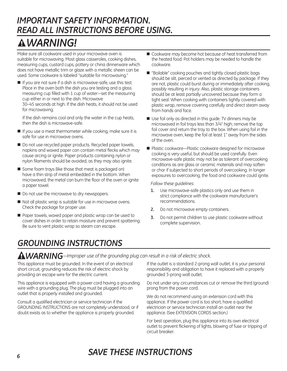 Warning, Save these instructions, Grounding instructions | GE PEB7226DFBB User Manual | Page 6 / 52