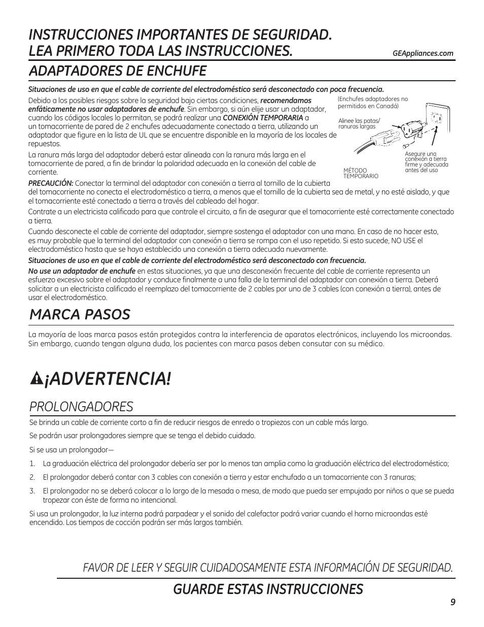 Advertencia, Adaptadores de enchufe, Guarde estas instrucciones | Marca pasos, Prolongadores | GE PEB7226DFBB User Manual | Page 9 / 52
