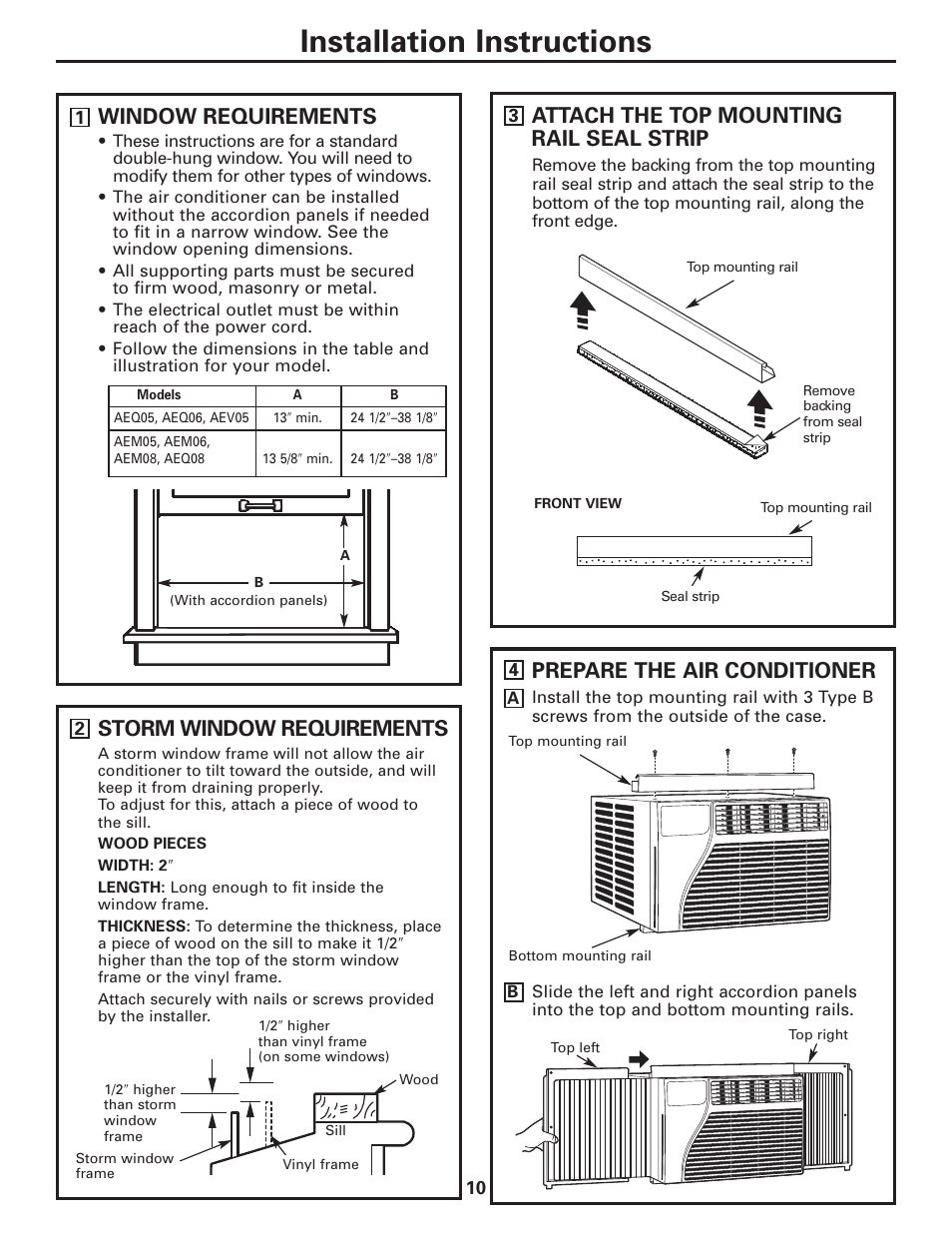 Installation instructions, Window requirements, Prepare the air conditioner | Storm window requirements, Attach the top mounting rail seal strip | GE AEQ06LQ User Manual | Page 10 / 48