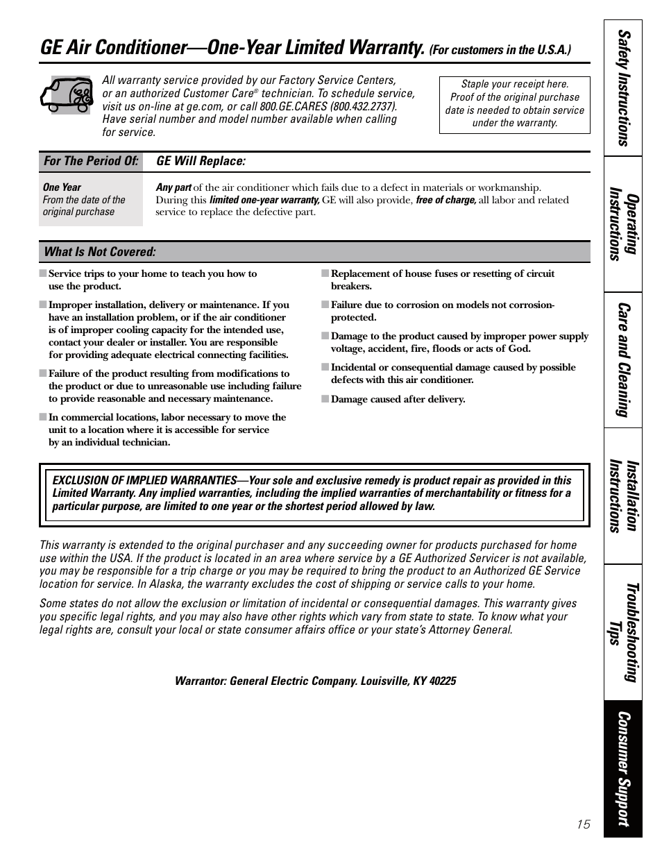 Warranty for customers in the u.s.a, Ge air conditioner—one-year limited warranty | GE AEQ06LQ User Manual | Page 15 / 48