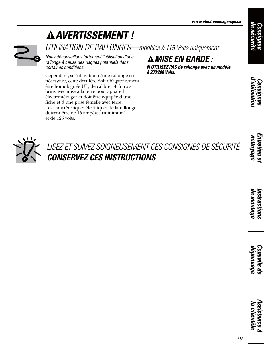 Avertissement, Mise en garde, Utilisation de rallonges | GE AEQ06LQ User Manual | Page 19 / 48