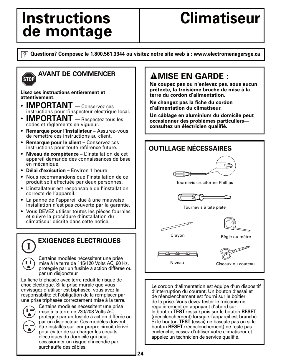 Instructions de montage, Instructions climatiseur de montage, Important | Mise en garde | GE AEQ06LQ User Manual | Page 24 / 48