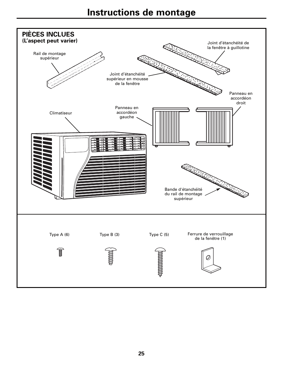 Instructions de montage, Pièces inclues | GE AEQ06LQ User Manual | Page 25 / 48