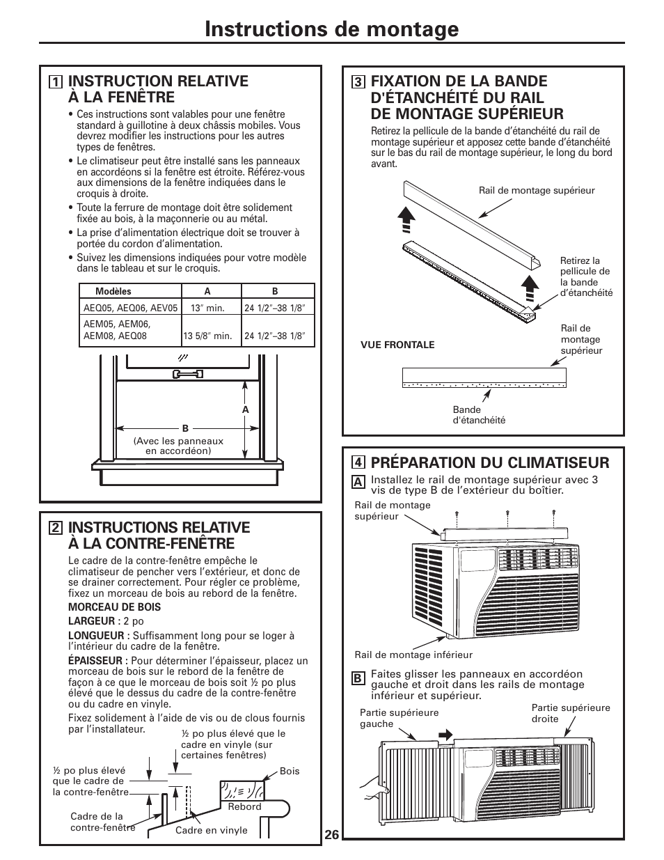 Instructions de montage, Instruction relative à la fenêtre, Préparation du climatiseur | Instructions relative à la contre-fenêtre | GE AEQ06LQ User Manual | Page 26 / 48