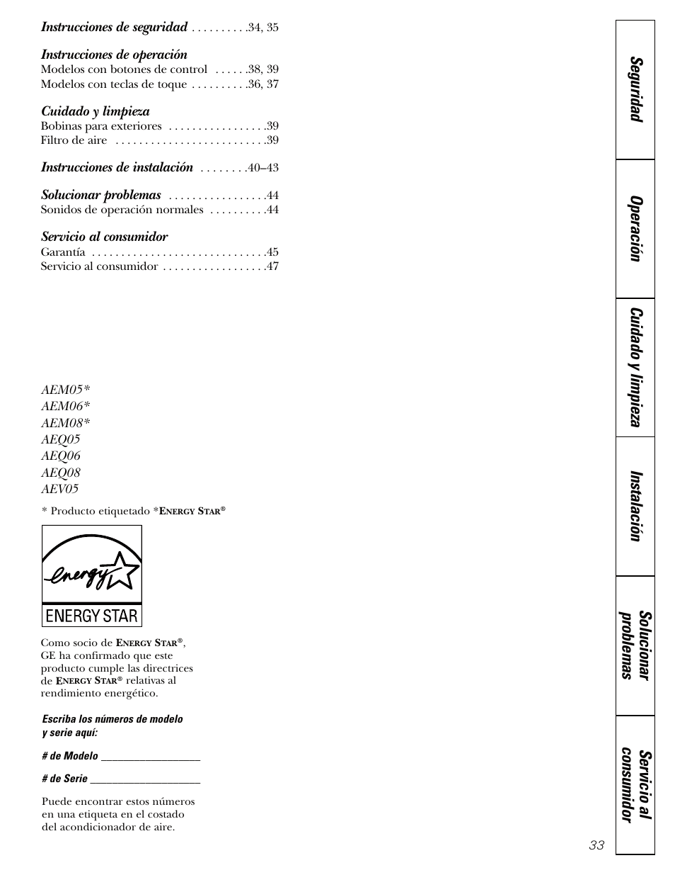 Spanish, Instrucciones de operación, Cuidado y limpieza | Servicio al consumidor | GE AEQ06LQ User Manual | Page 33 / 48