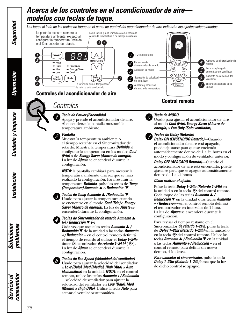 Modelos con teclas de toque, Modelos con teclas de toque , 37, Control remoto | Controles del acondicionador de aire | GE AEQ06LQ User Manual | Page 36 / 48