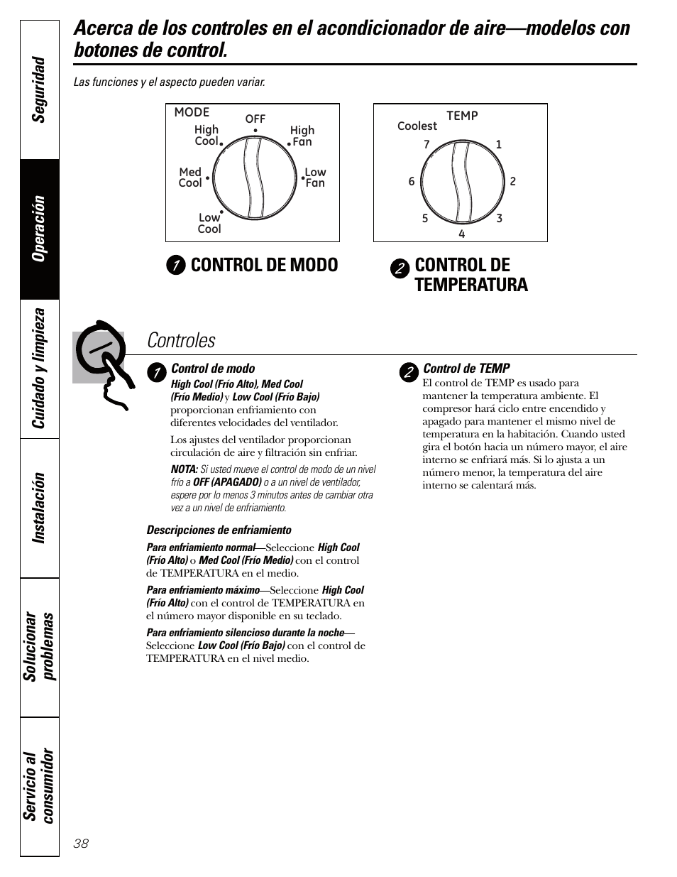 Modelos con botones de control, Modelos con botones de control , 39, Controles | Control de modo control de temperatura | GE AEQ06LQ User Manual | Page 38 / 48