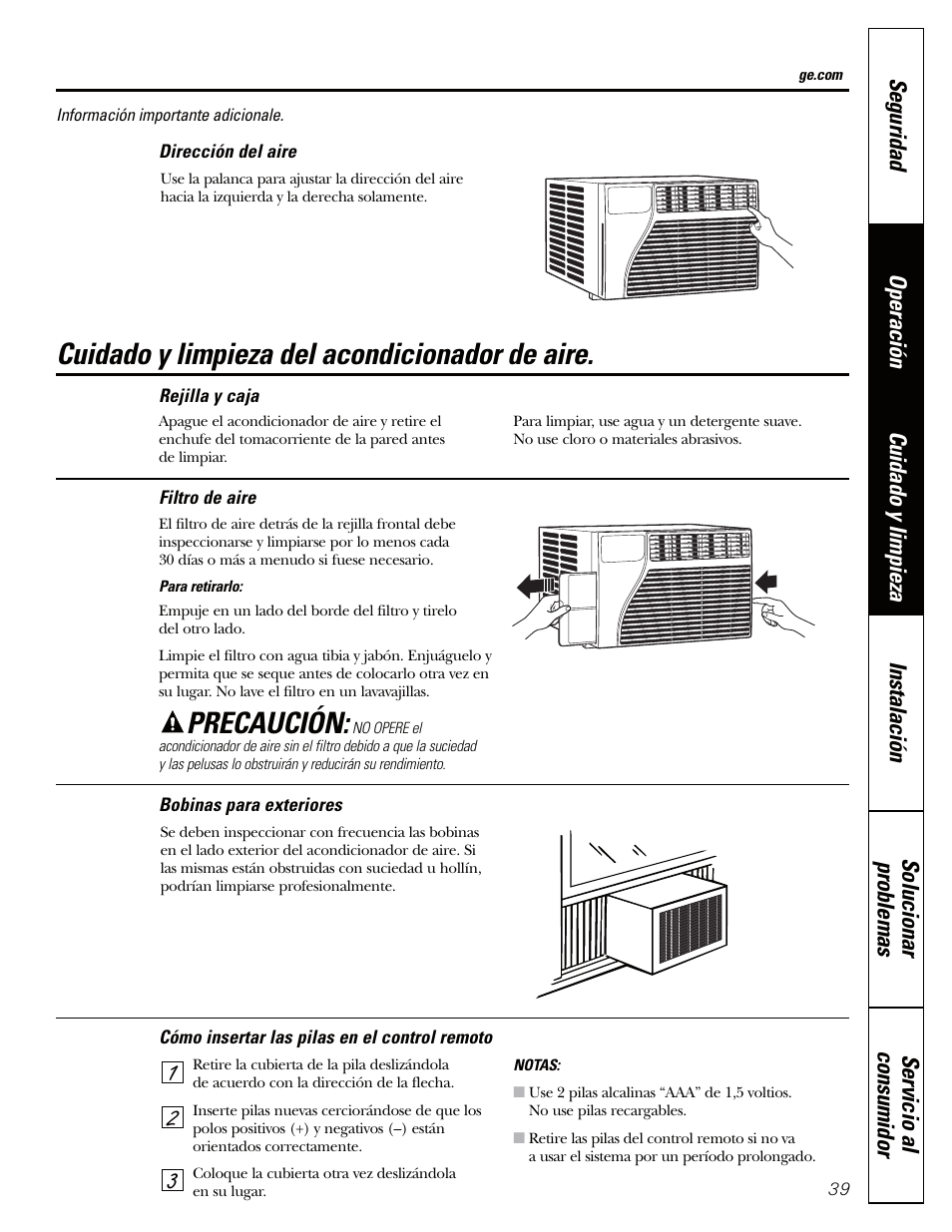 Bobinas para exteriores, Filtro de aire, Bobinas para exteriores filtro de aire | Cuidado y limpieza del acondicionador de aire, Precaución | GE AEQ06LQ User Manual | Page 39 / 48