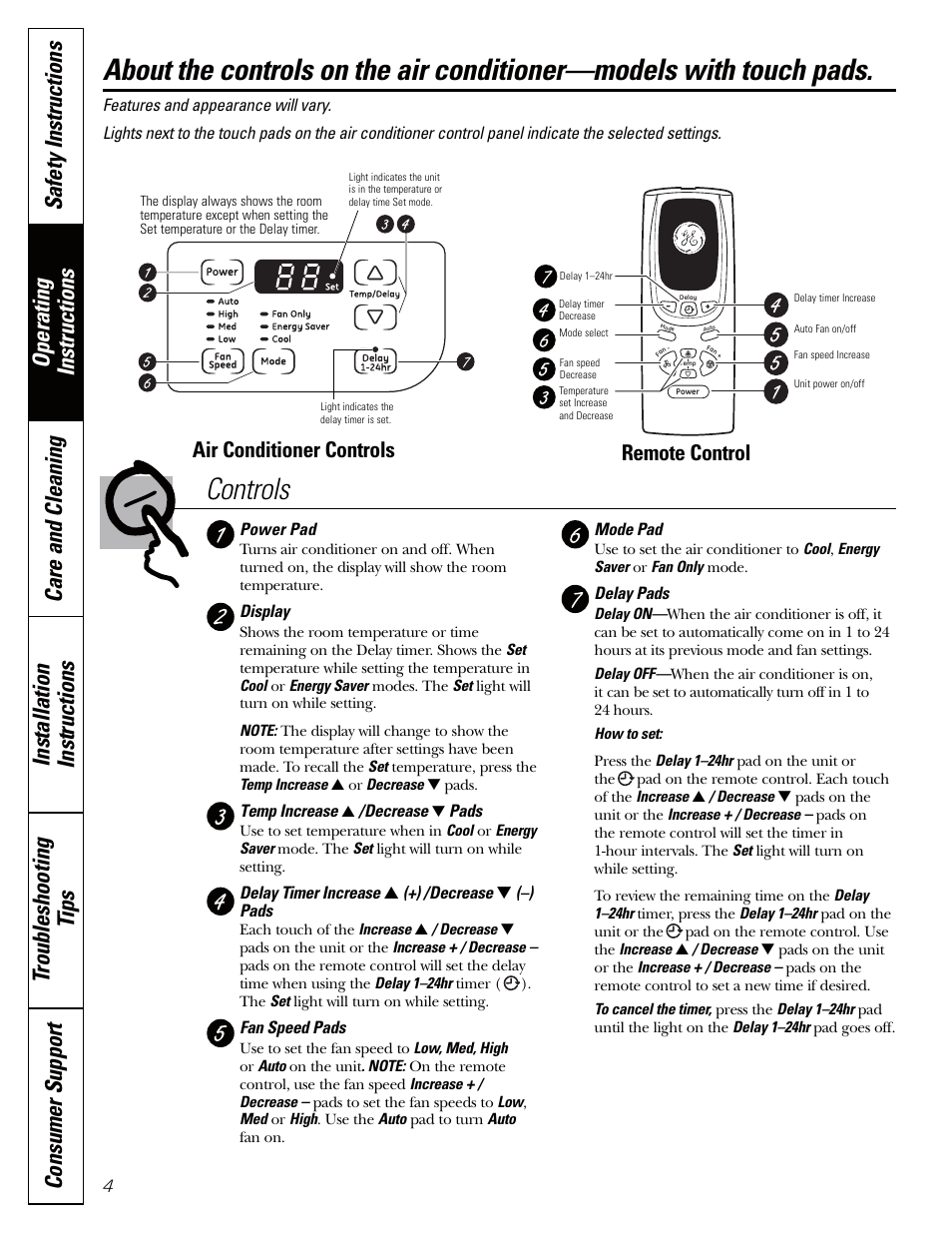Touch pad models, Touch pad models , 5, Remote control | Air conditioner controls | GE AEQ06LQ User Manual | Page 4 / 48