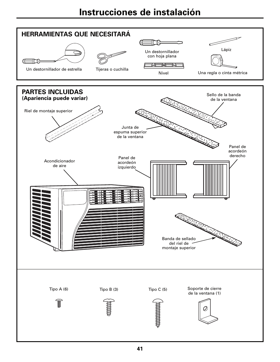 Instrucciones de instalación, Herramientas que necesitará, Partes incluidas | GE AEQ06LQ User Manual | Page 41 / 48