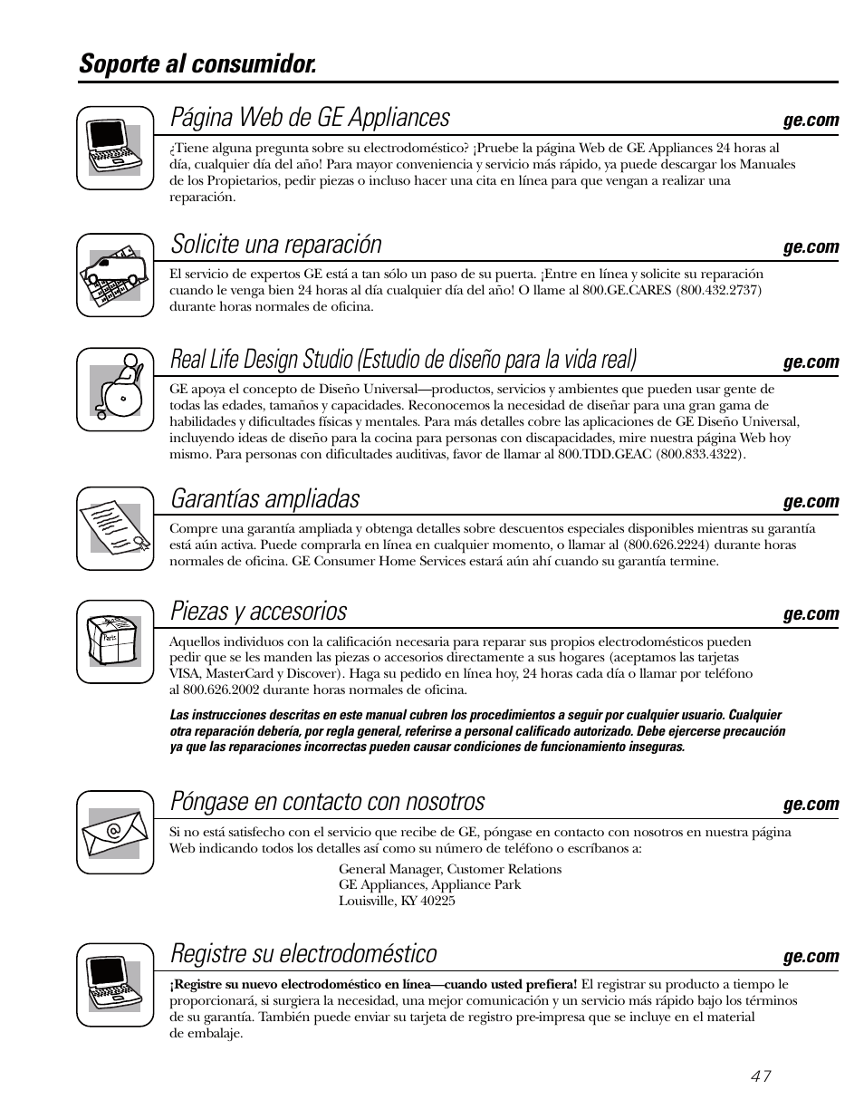 Servicio al consumidor, Soporte al consumidor. página web de ge appliances, Solicite una reparación | Piezas y accesorios, Póngase en contacto con nosotros, Registre su electrodoméstico, Garantías ampliadas | GE AEQ06LQ User Manual | Page 47 / 48