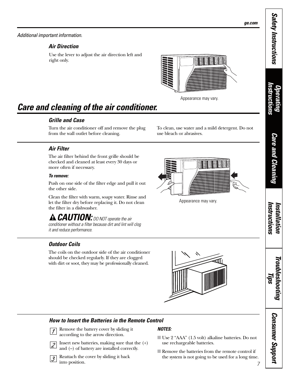 Air filter, Outdoor coils, Air filter outdoor coils | Caution, Care and cleaning of the air conditioner | GE AEQ06LQ User Manual | Page 7 / 48