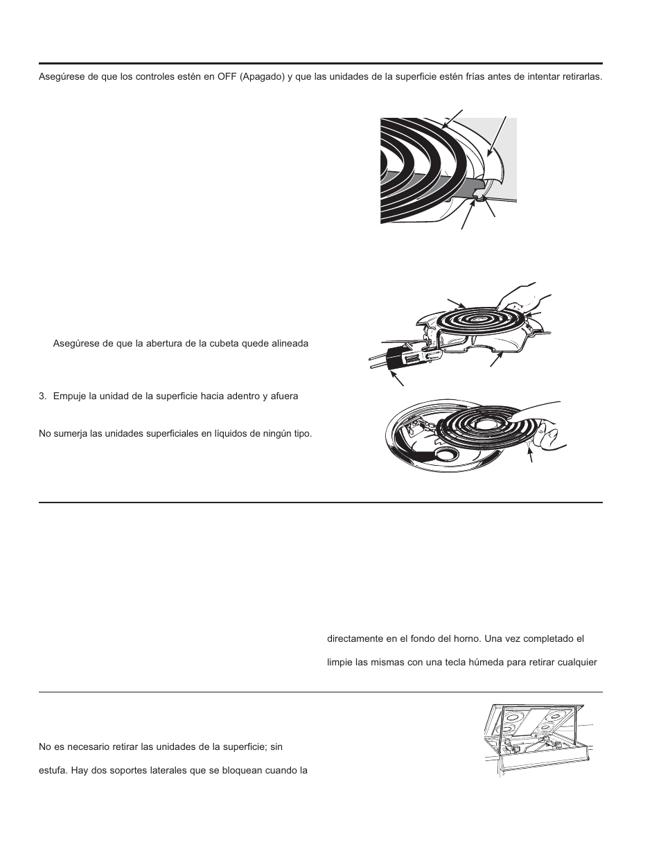 Limpieza de la cocina - exterior (continúa), Unidad de la superficie, Cubetas de goteo | Estufa elevable | GE JBS10GFSA User Manual | Page 47 / 56