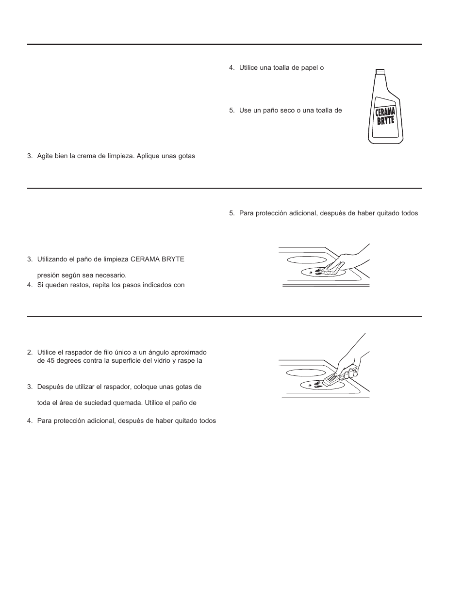 Cómo limpiar la estufa de vidrio, Limpieza normal de uso diario, Residuos pegados | Residuos pegados rebeldes | GE JBS10GFSA User Manual | Page 49 / 56