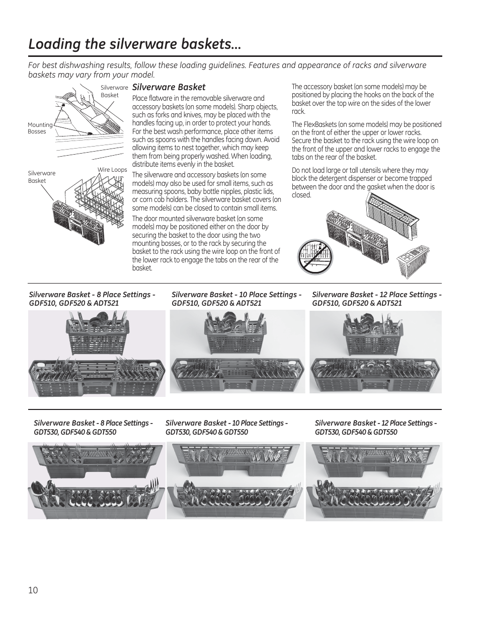 Loading the silverware baskets | GE GDF510PGDBB User Manual | Page 10 / 48