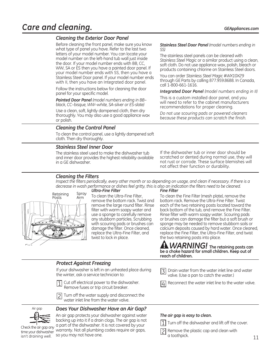Care and cleaning, Warning | GE GDF510PGDBB User Manual | Page 11 / 48