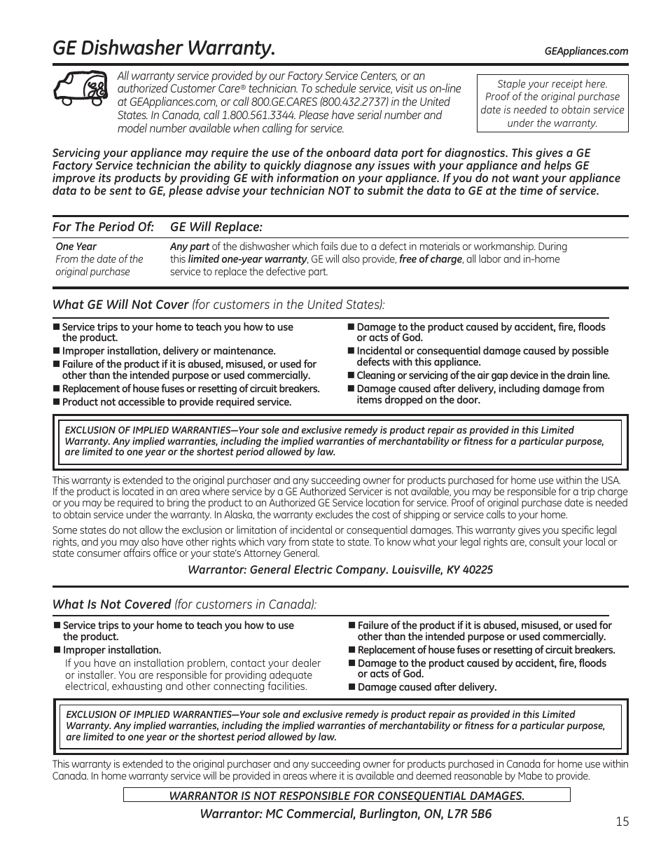 Ge dishwasher warranty | GE GDF510PGDBB User Manual | Page 15 / 48