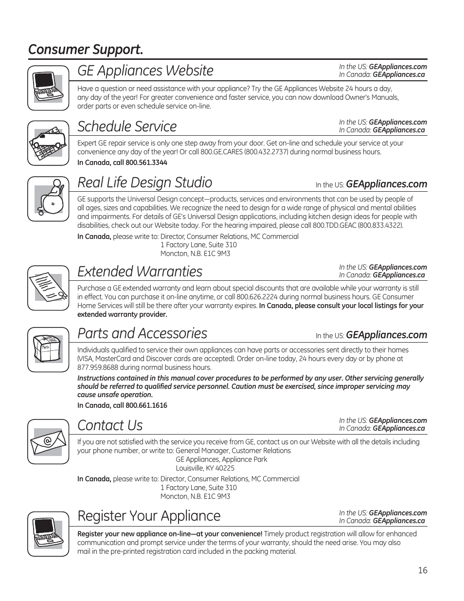 Ge appliances website, Schedule service, Real life design studio | Extended warranties, Parts and accessories, Contact us, Register your appliance, Consumer support | GE GDF510PGDBB User Manual | Page 16 / 48