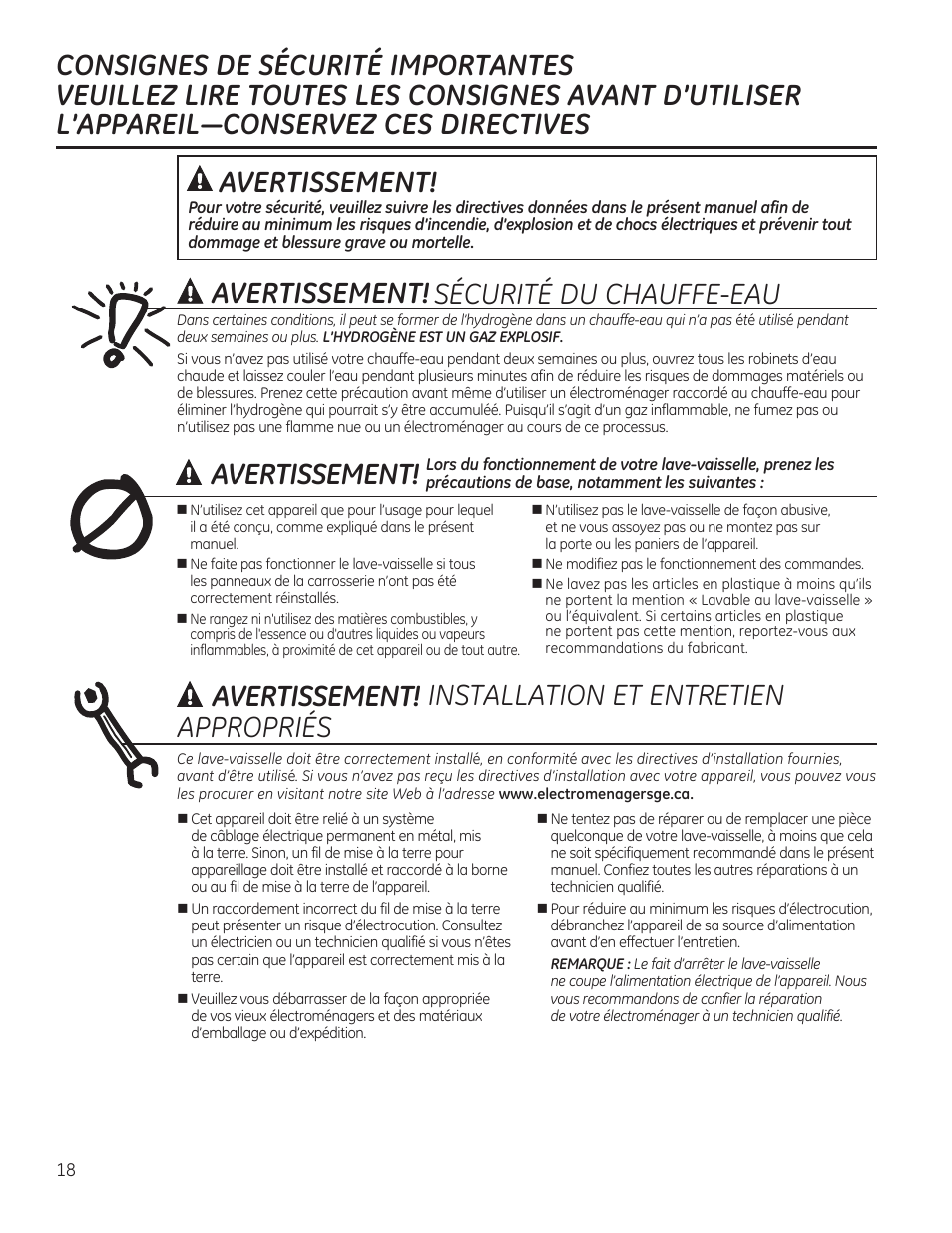 Sécurité du chauffe-eau installation et entretien, Avertissement, Avertissement! appropriés | GE GDF510PGDBB User Manual | Page 18 / 48