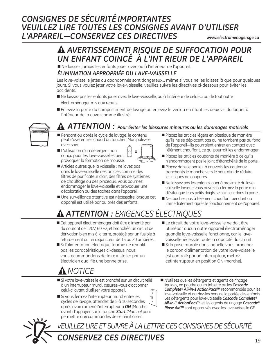 Attention, Attention : exigences électriques, Conservez ces directives notice | GE GDF510PGDBB User Manual | Page 19 / 48