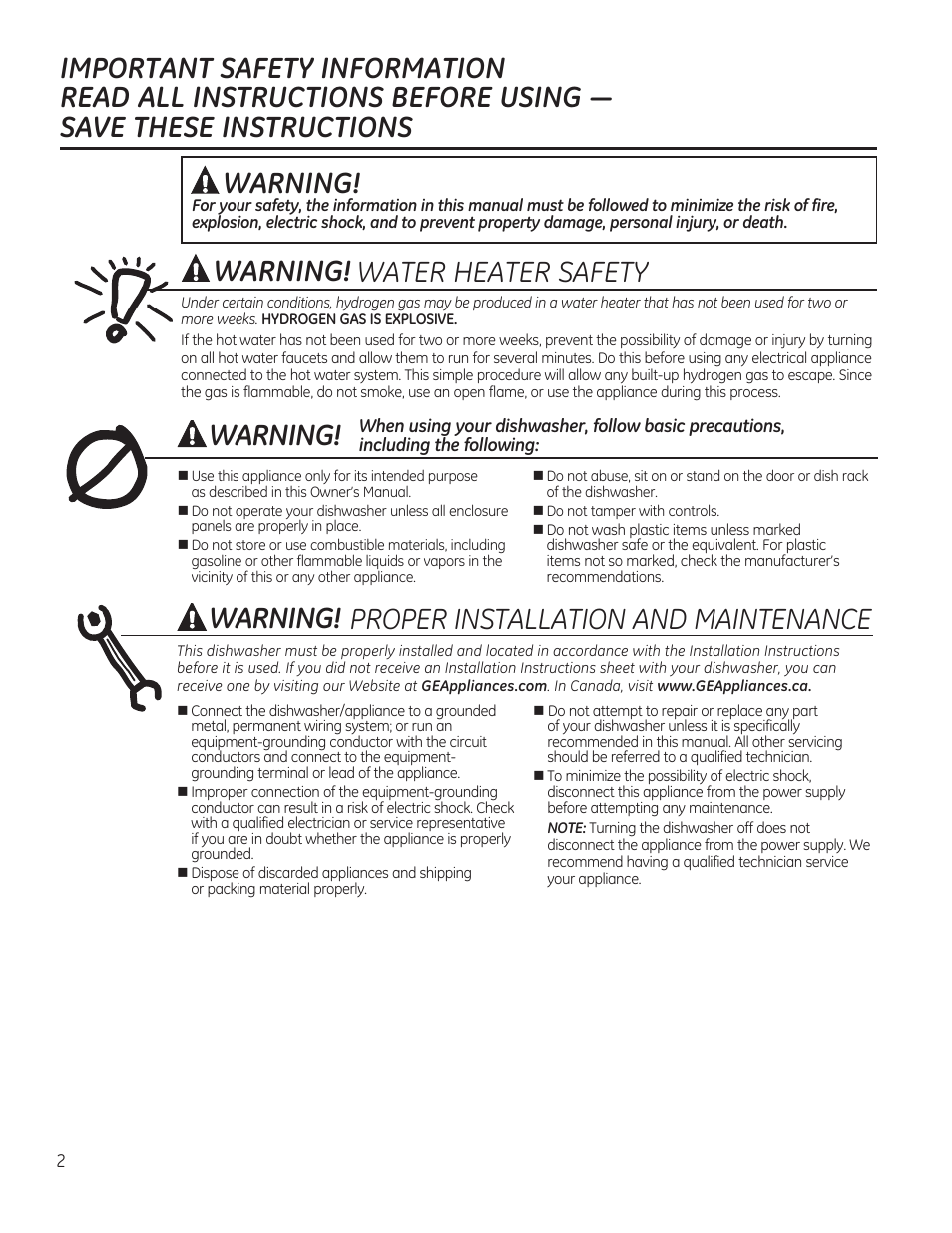 Warning | GE GDF510PGDBB User Manual | Page 2 / 48