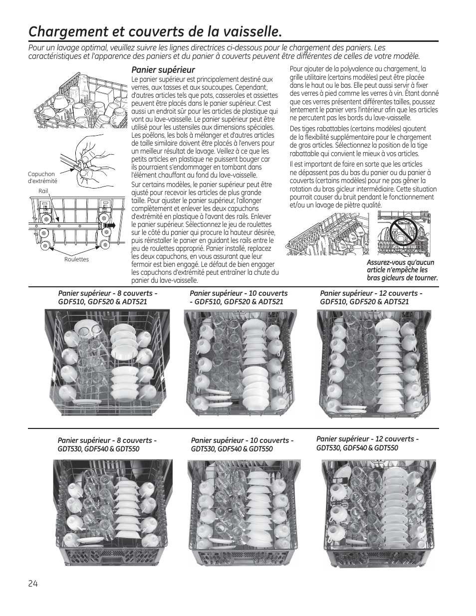 Chargement et couverts de la vaisselle | GE GDF510PGDBB User Manual | Page 24 / 48