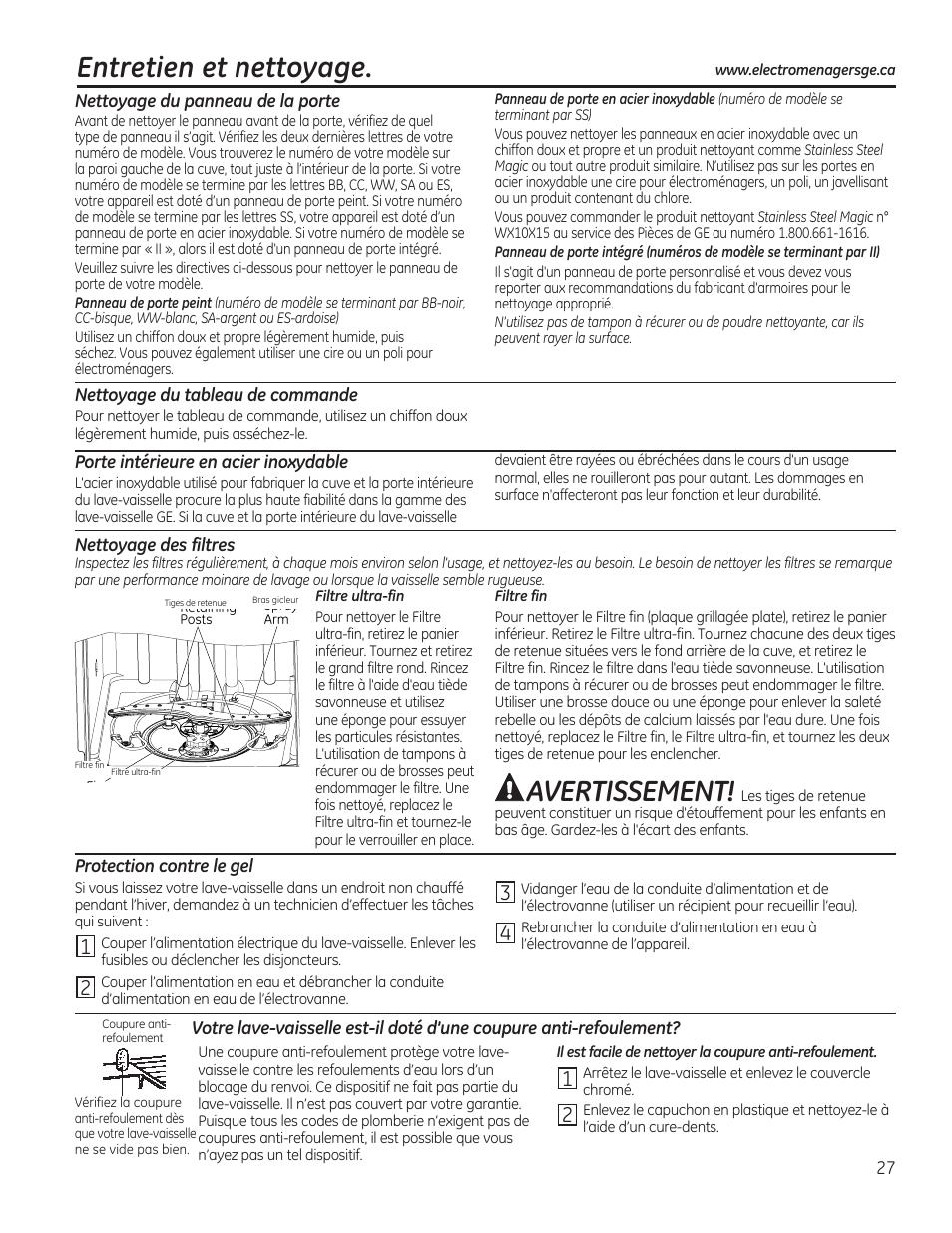 Entretien et nettoyage, Avertissement | GE GDF510PGDBB User Manual | Page 27 / 48