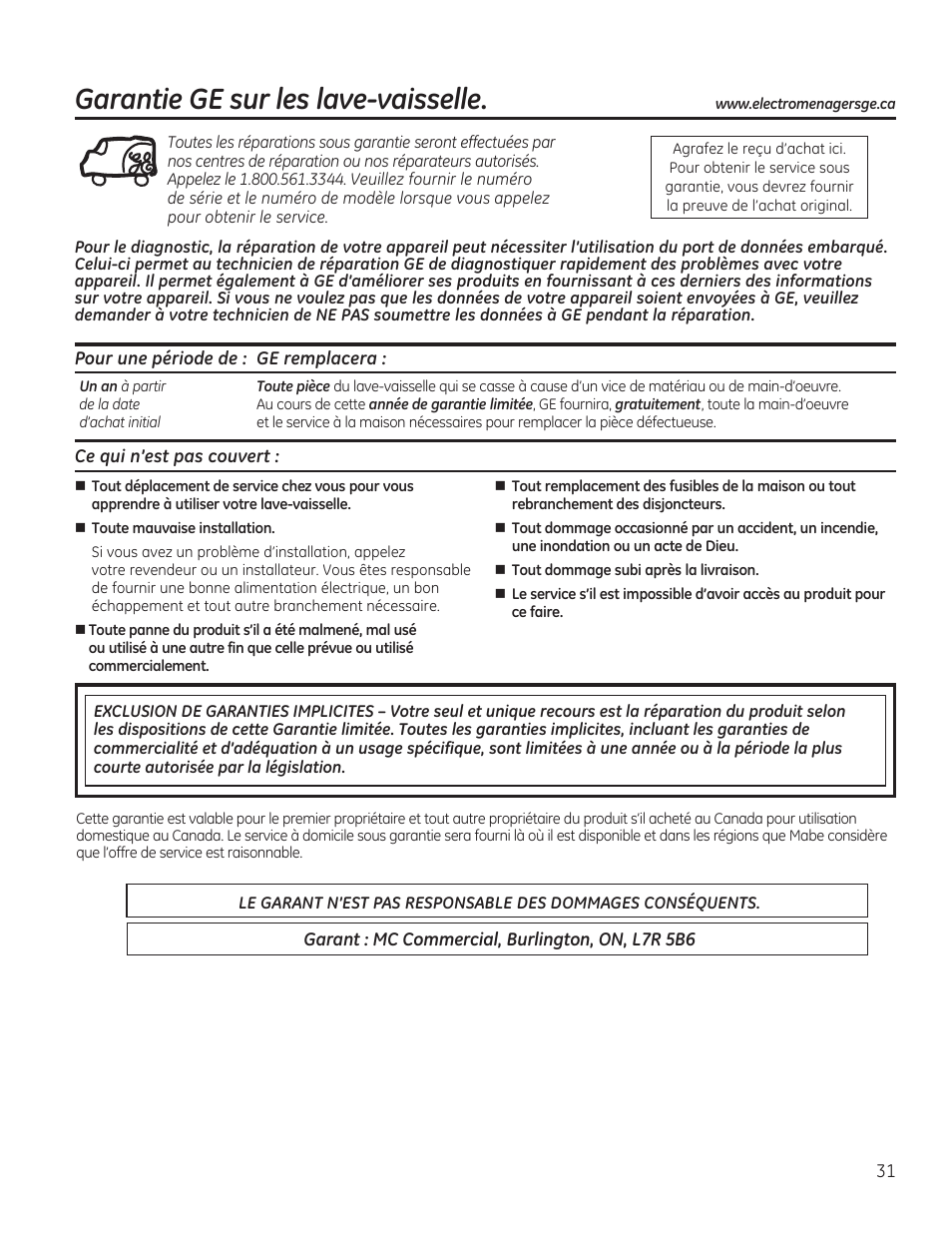 Garantie ge sur les lave-vaisselle | GE GDF510PGDBB User Manual | Page 31 / 48