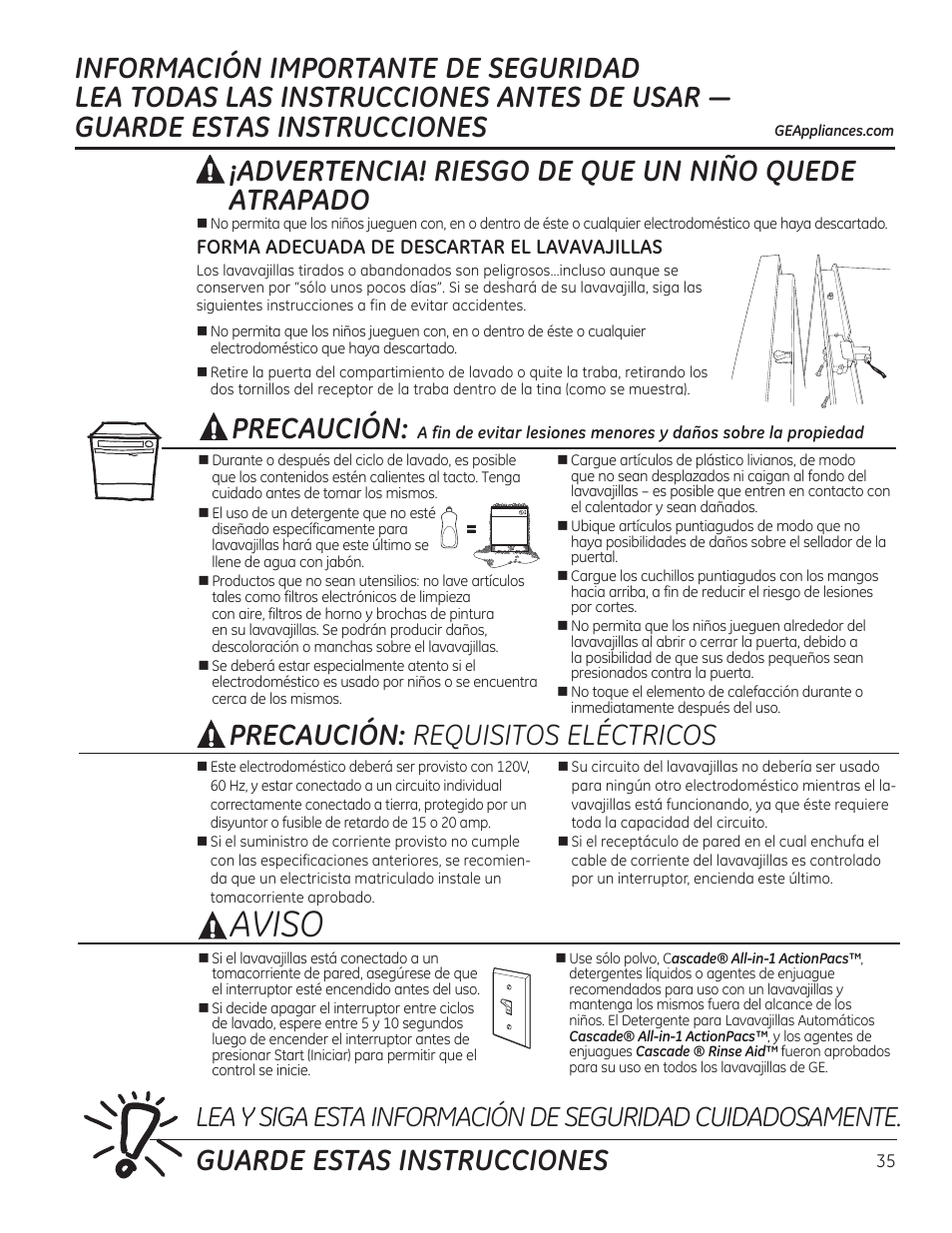 Aviso, Precaución, Precaución: requisitos eléctricos | Guarde estas instrucciones, Advertencia! riesgo de que un niño quede atrapado | GE GDF510PGDBB User Manual | Page 35 / 48