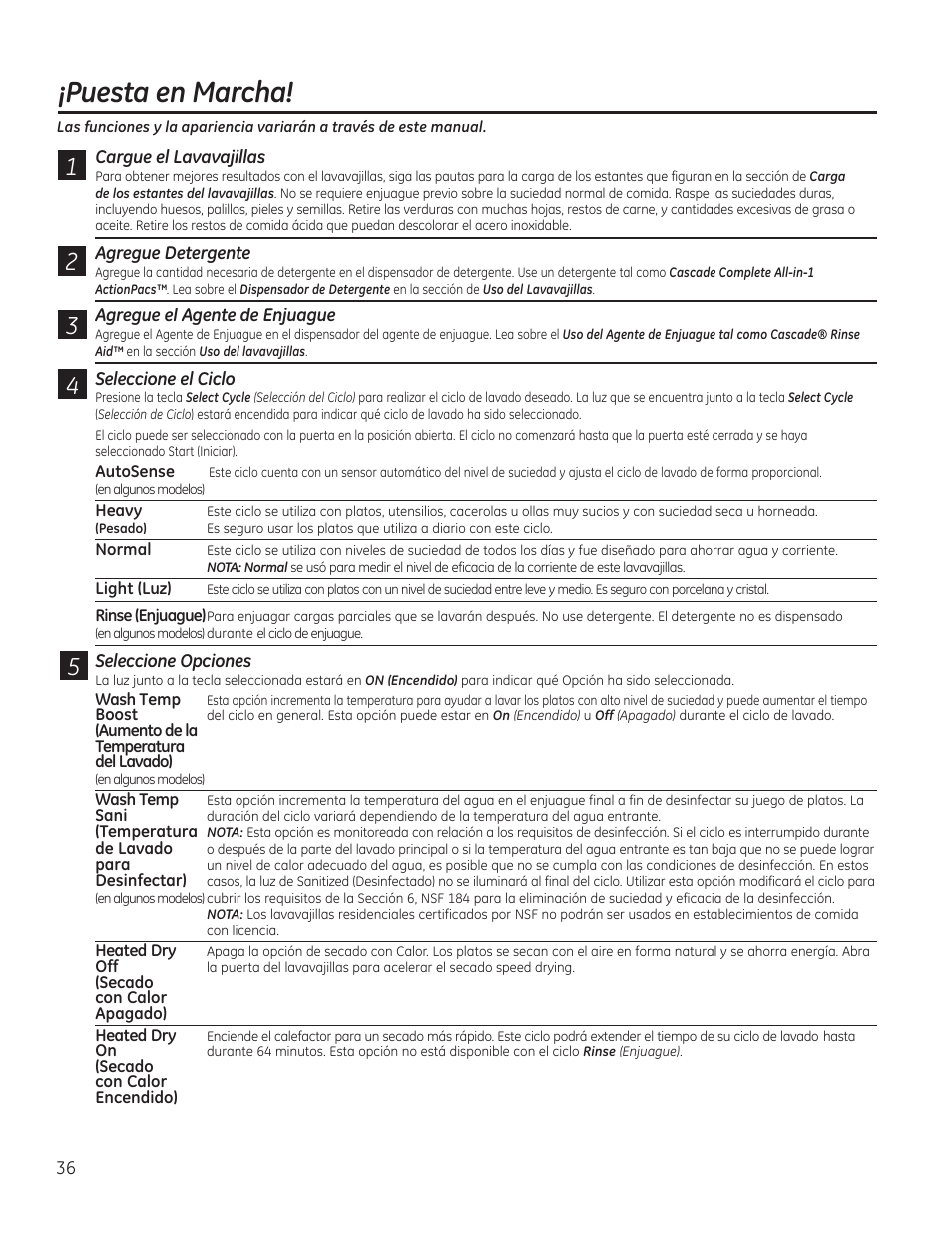 Puesta en marcha | GE GDF510PGDBB User Manual | Page 36 / 48
