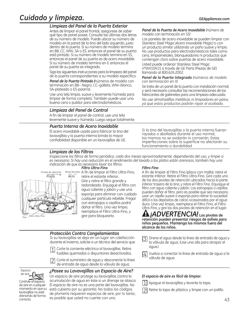 Cuidado y limpieza, Advertencia | GE GDF510PGDBB User Manual | Page 43 / 48