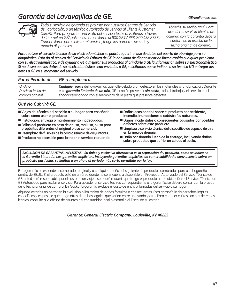 Garantía del lavavajillas de ge | GE GDF510PGDBB User Manual | Page 47 / 48