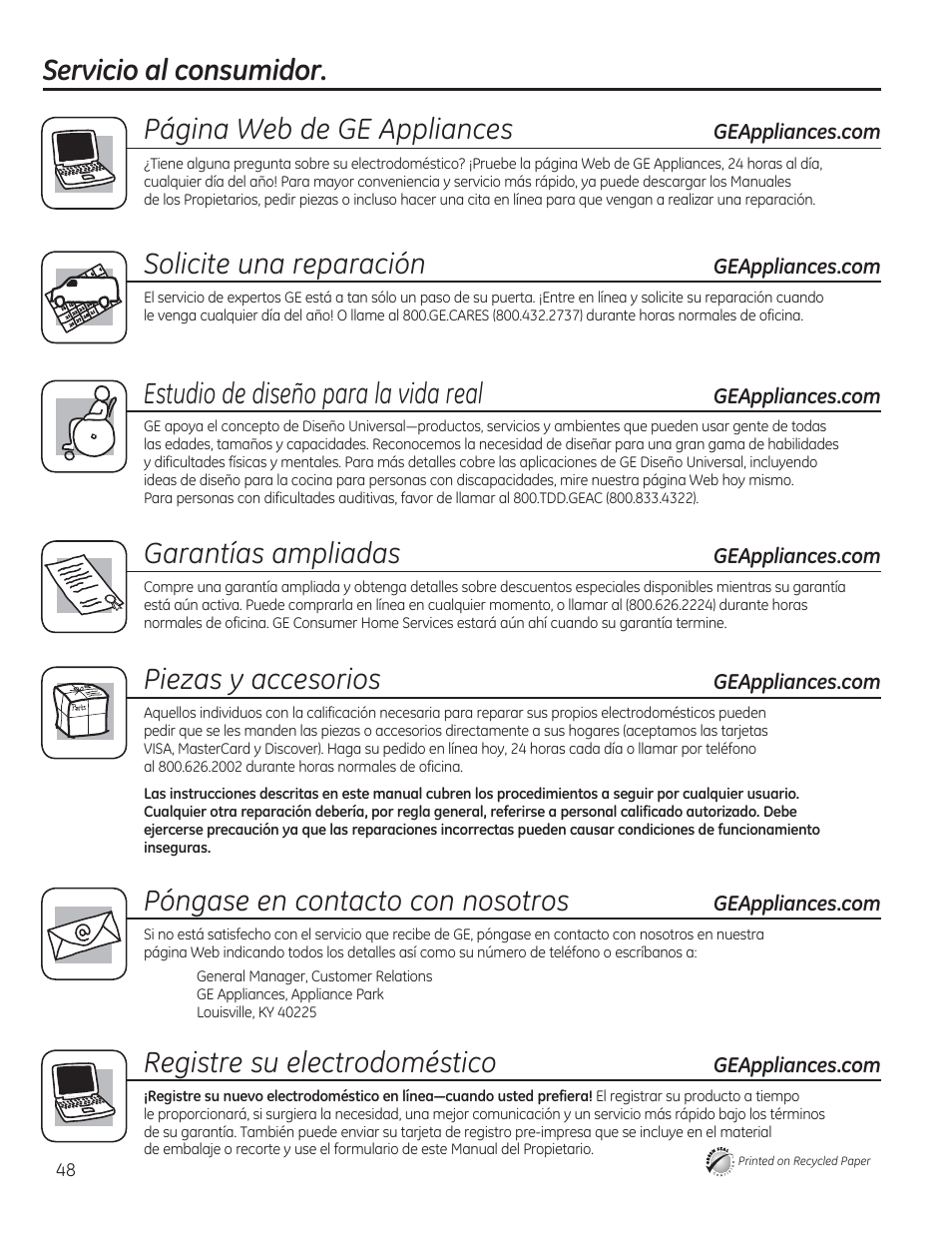 Solicite una reparación, Estudio de diseño para la vida real, Garantías ampliadas | Piezas y accesorios, Póngase en contacto con nosotros, Registre su electrodoméstico | GE GDF510PGDBB User Manual | Page 48 / 48