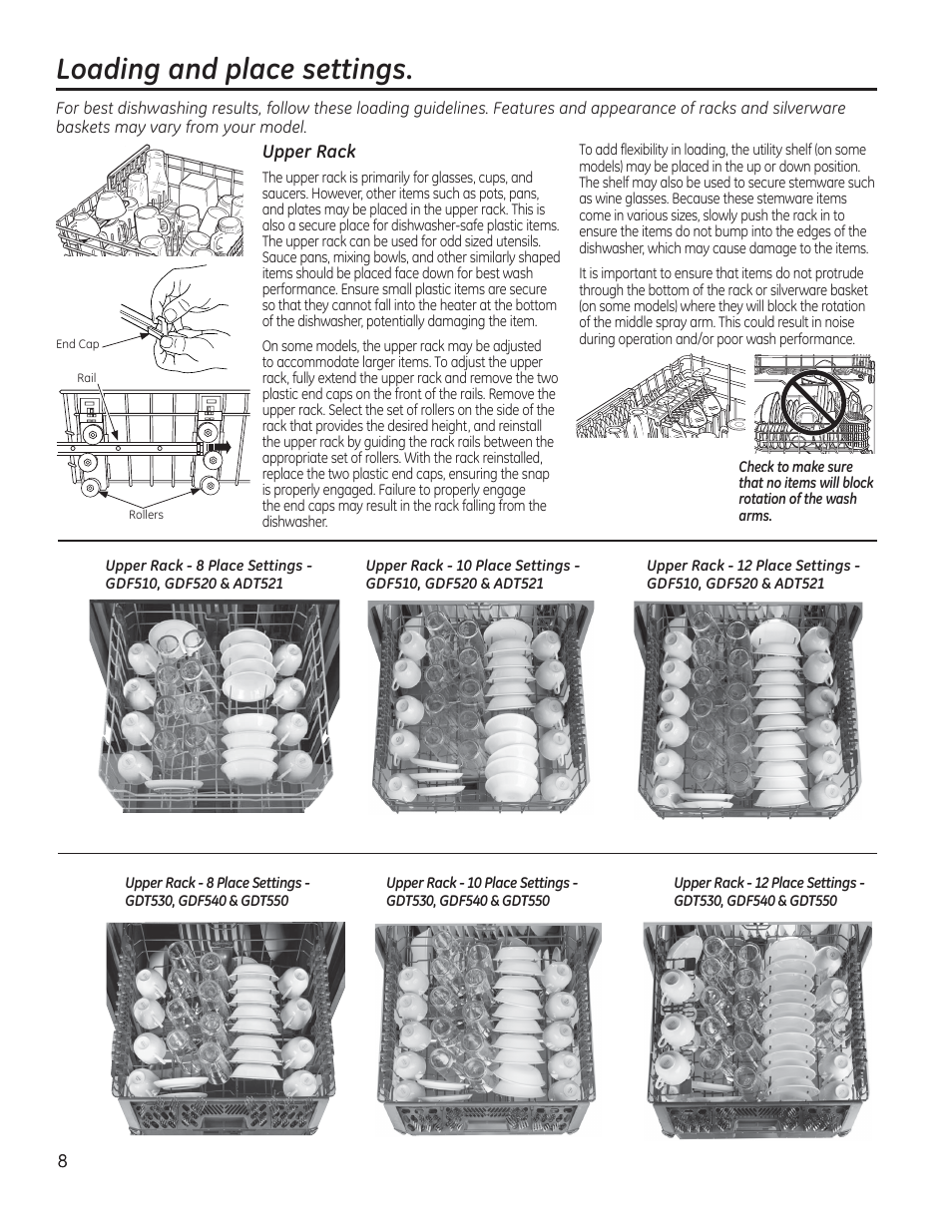 Loading and place settings | GE GDF510PGDBB User Manual | Page 8 / 48
