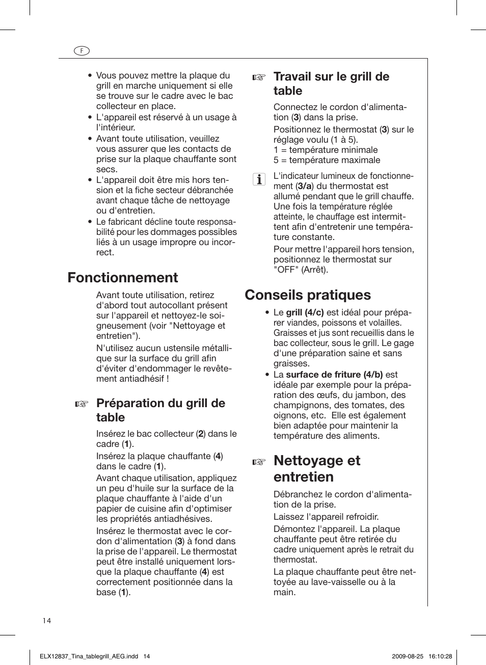 Fonctionnement, Conseils pratiques, Nettoyage et entretien | Rangement, Données techniques, Protection de l’environnement, Préparation du grill de table, Travail sur le grill de table | AEG TG340 User Manual | Page 14 / 28