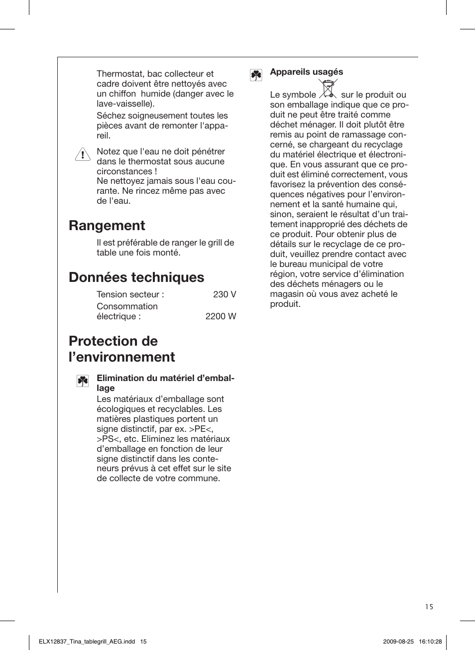 Fonctionnement, Conseils pratiques, Nettoyage et entretien | Rangement, Données techniques, Protection de l’environnement, Préparation du grill de table, Travail sur le grill de table | AEG TG340 User Manual | Page 15 / 28