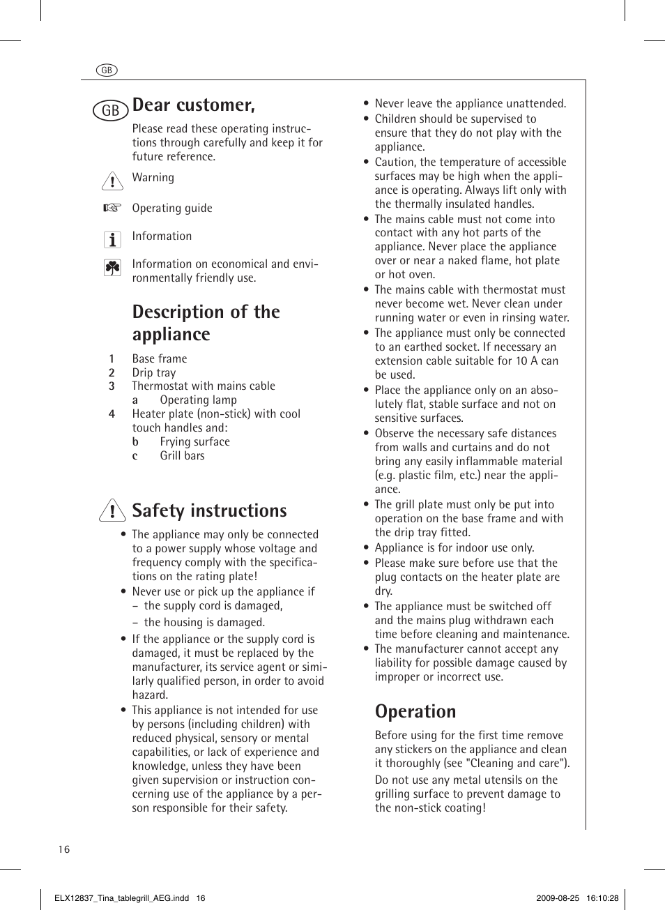 Dear customer, Description of the appliance, Safety instructions | Operation, Practical tips, Cleaning and care, Storage, Technical data, Disposal, Preparing the table grill | AEG TG340 User Manual | Page 16 / 28