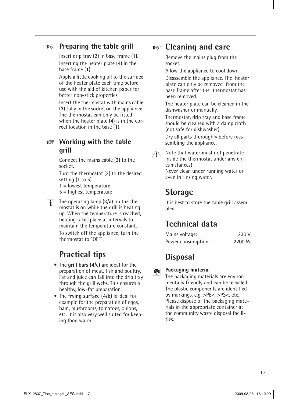 Dear customer, Description of the appliance, Safety instructions | Operation, Practical tips, Cleaning and care, Storage, Technical data, Disposal, Preparing the table grill | AEG TG340 User Manual | Page 17 / 28