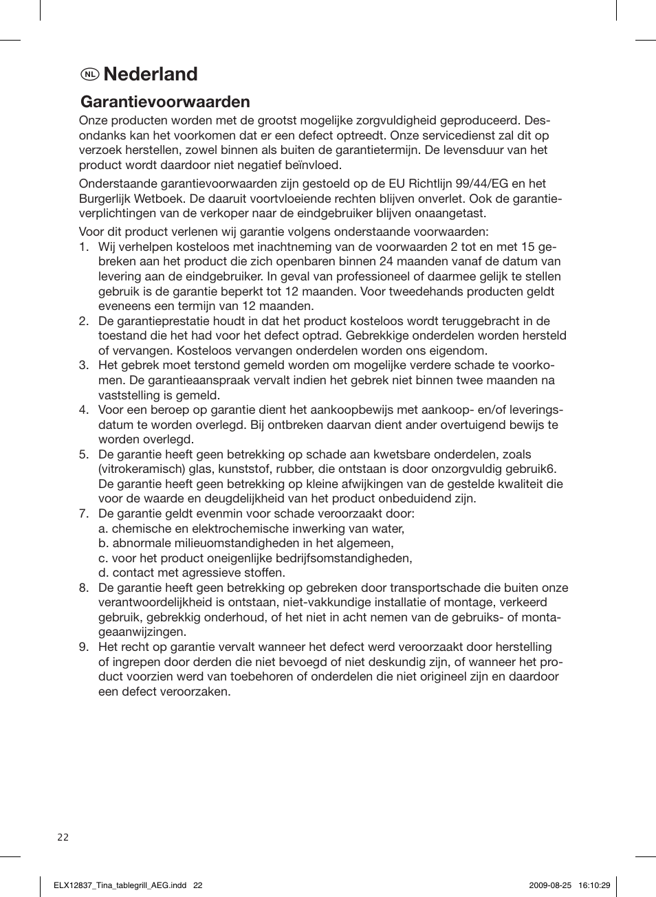 Nederland, Garantievoorwaarden | AEG TG340 User Manual | Page 22 / 28