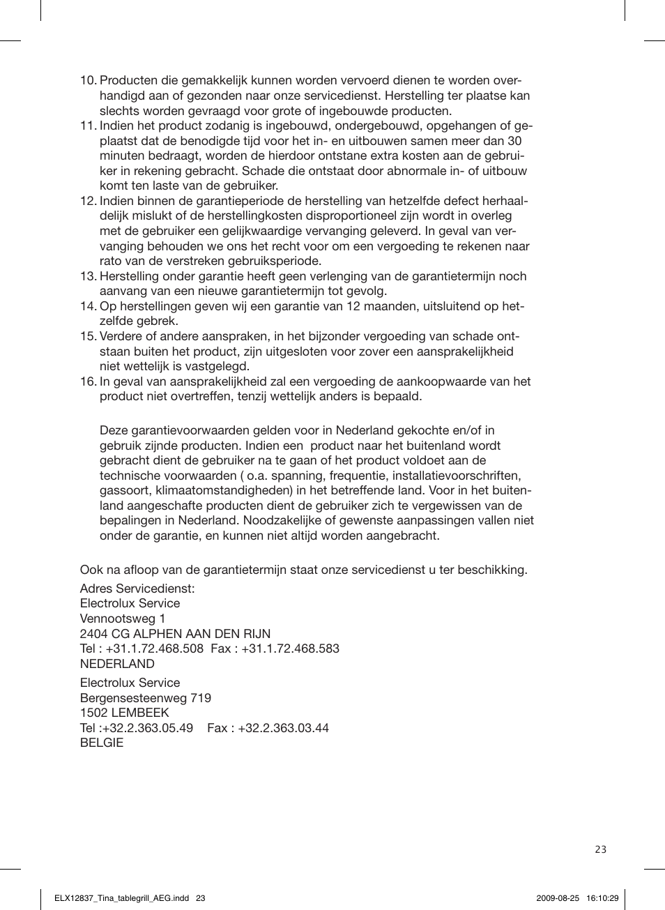 Nederland, Garantievoorwaarden | AEG TG340 User Manual | Page 23 / 28